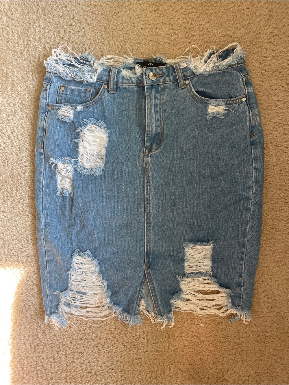 Distressed Light Blue Denim Pencil Skirt